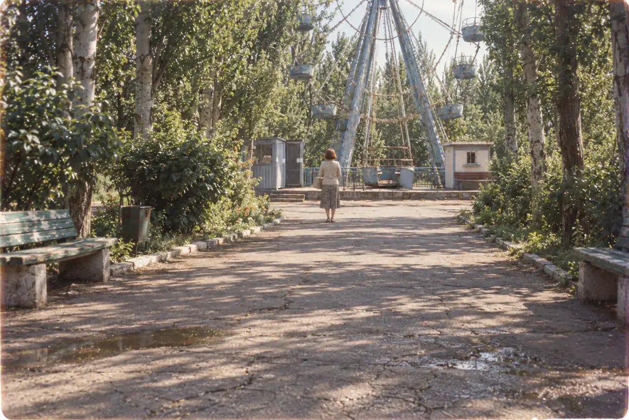 Аллея парка, вдали у колеса обозрения женщина с коробкой